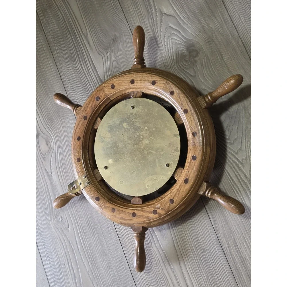 Vintage Brass & Wood Clock Ship's Time Walnut Wheel 18